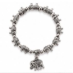 Bohemian Oxidized Silver Tone Elephant Charm Stretch Bead Bracelet Womens